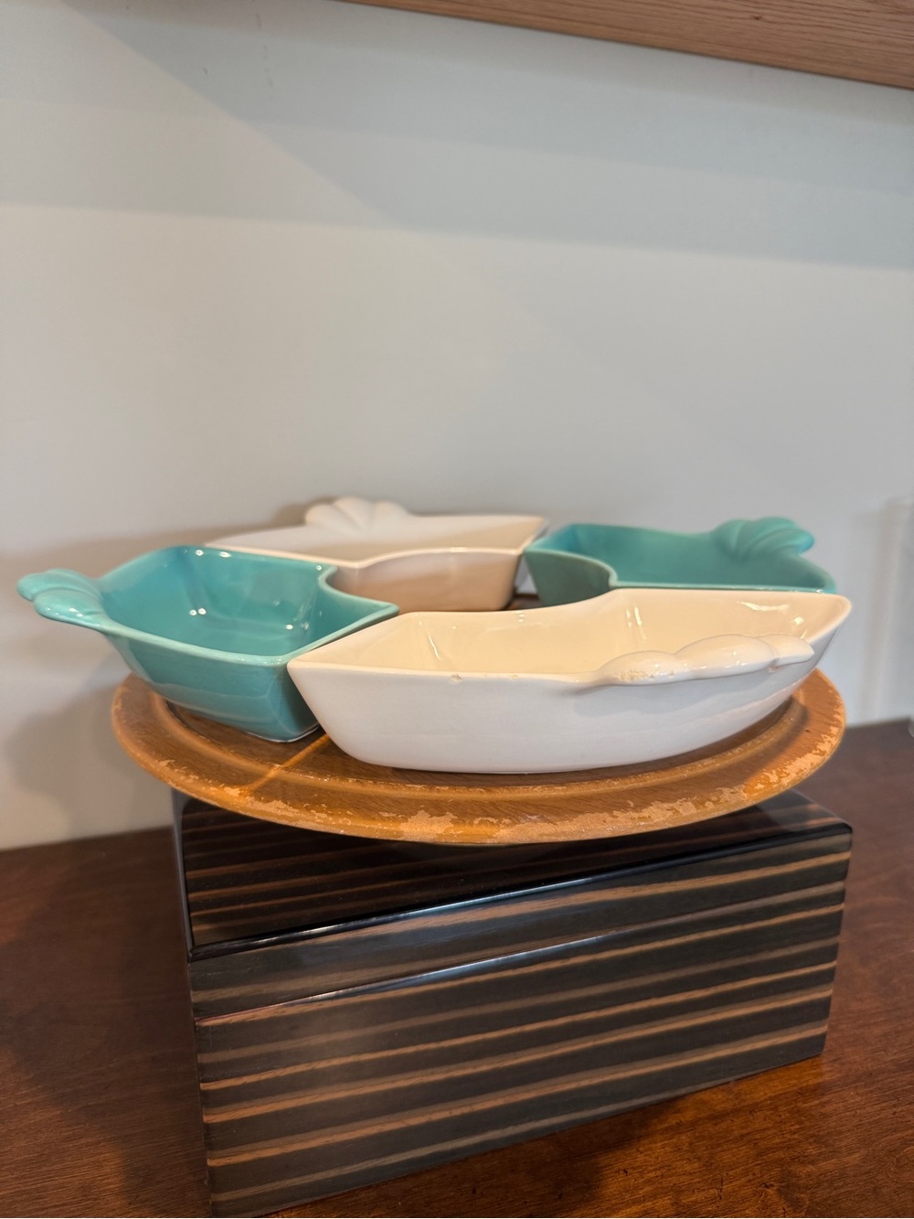 1950s Doranne of California Ceramic Snack Serving Set in Aqua and Cream